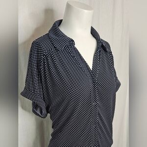 Adrianna Papell Navy Blue White Polka Dot Button Down Blouse Size L